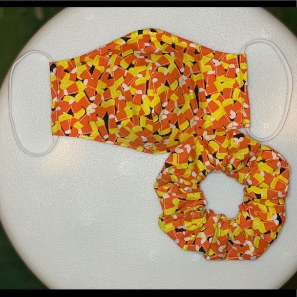 Hand Crafted Accessories - Candy Corn Face Mask and Scrunchie bundle